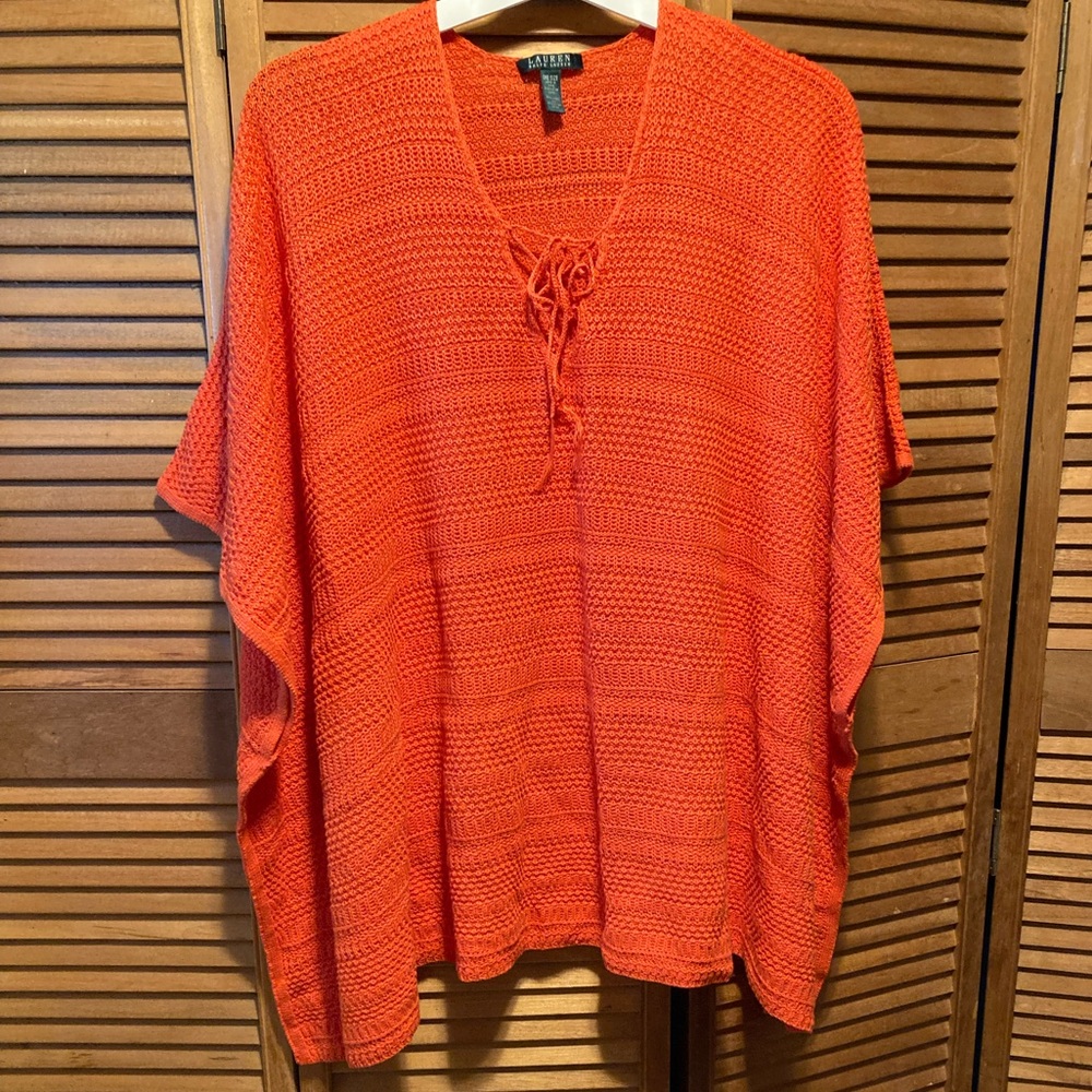 Lauren Ralph Lauren Orange Crocheted Poncho Tunic Top Women Top Poncho